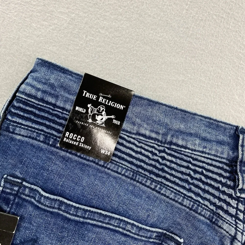 True Religion Jeans Mens 34 Blue Denim Pants Rocco Relaxed Skinny Moto Biker